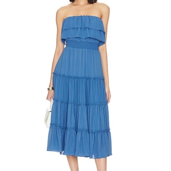 1. STATE BLUE STRAPLESS RUFFLE TOP TIERED SMOCKED WAIST MIDI DRESS SZ MEDIUM NEW - Picture 2 of 10